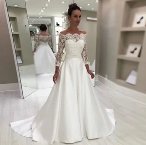 Lange Elegante Brautkleider mit Spitzenärmeln Schulterfrei Perlen Brautkleider - Bild 1 von 8