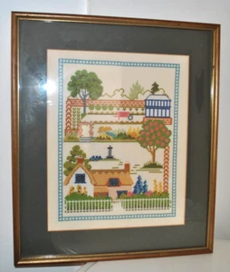 Vintage Cross Stitch Sampler 'Country House & Garden'- Framed Decorative GC - Picture 1 of 7