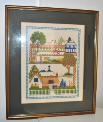 Vintage Cross Stitch Sampler 'Country House & Garden'- Framed Decorative GC - Image 1 of 4