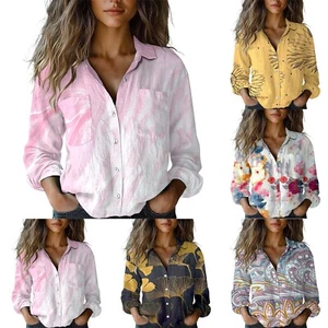 Women's Long Sleeved Tops Printed Button Down Casual Button T Shirt - Picture 1 of 38