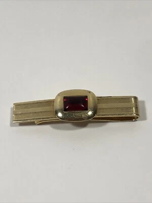 Anson Gold Tone Tie Clip Red Faux Ruby Garnet Stone Center Vtg Classic - Image 1 of 4