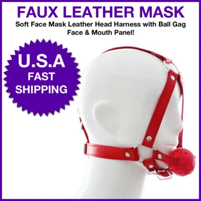 Máscara facial suave arnés de cabeza de cuero con mordaza de bola boca panel facial Halloween  Foto 1 de 4