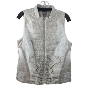 Chico's Quilted Puffer Zip Up Vest White Beige Paisley Print Womens 4 - Picture 1 of 7