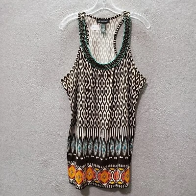 INC Women Top XL Brown Geometric Tank Beaded Scoop Neck Racerback - Image 1 of 4