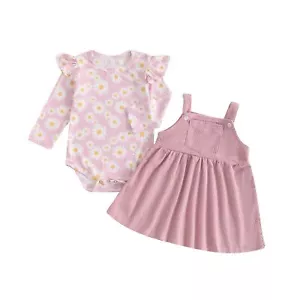 Newborn Baby Girl Fall Clothes Ruffle Long Sleeve Floral Ribbed Romper Suspen... - Picture 1 of 7