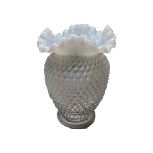 Vintage FENTON art glass - 8" tall White Opalescent Hobnail vase - ruffled top - Picture 1 of 12