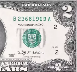 TRAILING YEAR 1969 (B 2368 1969 A) $2 Two Dollar Bill Serial Number 2009 *UNC* - Picture 1 of 3