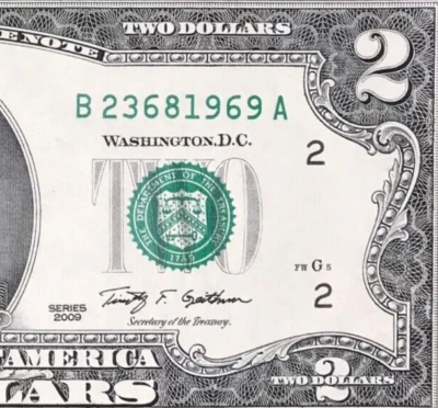 TRAILING YEAR 1969 (B 2368 1969 A) $2 Two Dollar Bill Serial Number 2009 *UNC* - Image 1 of 3