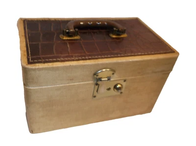 VINTAGE TRAVEL TRAIN COSMETICS Size Suitcase Tan w/leather on top Ci 1940-1950's - Image 1 of 4