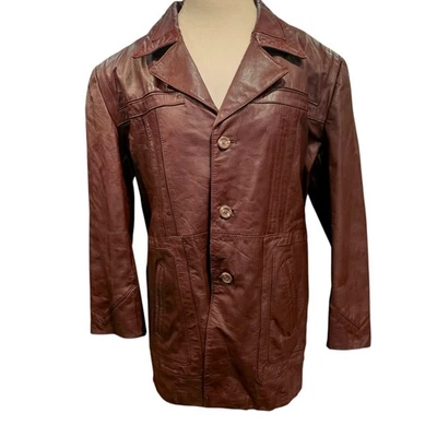 70s Dark Cherry Red Brown Leather Coat Removable Sherpa Liner Sz 50 XL Disco - Image 1 of 4