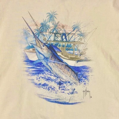 Guy Harvey Mens XL Blue Water Marlin Yellow Long Sleeve Roll Tab Fishing Shirt - Image 1 of 4