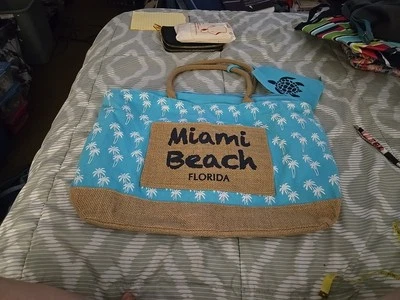 Miami Beach Florida Tote Bag- 21"x15"x6" Stylish- Blue White Canvas A1 - Image 1 of 4