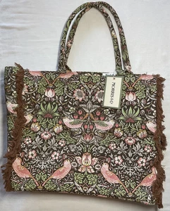 William Morris Canvas Beuteltasche wiederverwendbare Tasche mit Fransen Erdbeerdieb braun Neu mit Etikett - Bild 1 von 3