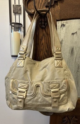 Vintage Y2K Michael Kors Tote Hobo Beige Nylon Gold Leather Purse  Bag - Image 1 of 4
