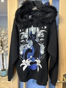 Black Faux Fur Trimmed Cat Ear Hoodie The Grave Girls Size XXS Oversized - Picture 1 of 9