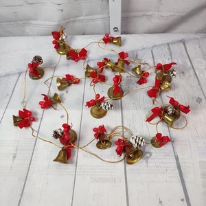 84" Long Metal Brass Clapper Bell Christmas Garland Red Bows Berries Cones - Picture 1 of 11