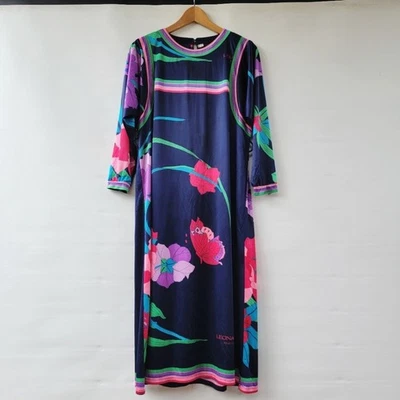 Leonard Paris Vintage 70s Sheath Midi Dress Size Medium Navy Blue Floral Print - Image 1 of 4