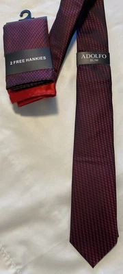 NUEVO Conjunto de corbata y 2 pañuelos ajustados Adolfo para hombre ajustados 2 “X 57” largo borgoña Foto 1 de 4