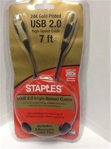 STAPLES 24K Gold Plated 7 ft USB 2.0 High Speed Computer Cable 577157 NEW - Picture 1 of 2