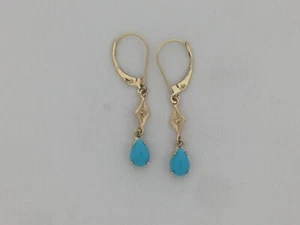 Sleeping Beauty Turquoise Earrings with Natural Diamond Solid 14kt Yellow Gold - Picture 1 of 5
