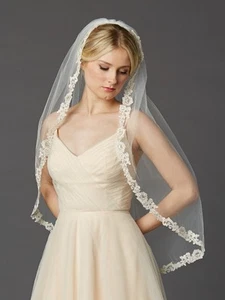 Rum Pink Fingertip Length Mantilla Bridal Veil with Embroidered Lace Edge - Picture 1 of 3
