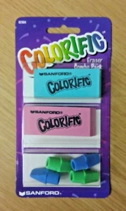 Vintage (2000) Sanford Colorific Radierer Kombipackung 2 Radiergummis & 4 Top Radierer NEU - Bild 1 von 2
