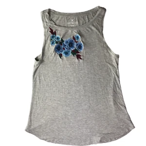 American Eagle Tank Top Gray Blue Embroidered Roses Flowers Floral Sleeveless S - Picture 1 of 13
