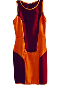 Neu mit Etikett Miu Miu Seiden-Etuikleid, orange burgund Colorblock, 42IT - Bild 1 von 5