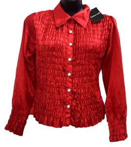 Vintage 80er Mode Web Damen Gr. M glänzend rot gerafft Bluse, Edelstein Knopf Neu mit Etikett - Bild 1 von 8