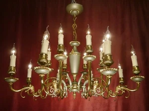 ANTIQUE OLD CHANDELIER LARGE 16 LAMP BRASS EMPIRE SELDOM GREEN VARNISH Ø 39" - Picture 1 of 13