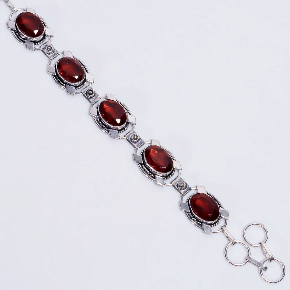 Red Garnet Gemstone Vintage Handmade 925 Sterling Silver Bracelet 7-9" SOLO ITEM - Image 1 of 4