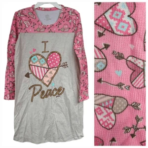 Justice Girls Nightgown I love Peace Pink Waffle Knit Heart Arrow Gown Pajamas - Picture 1 of 9