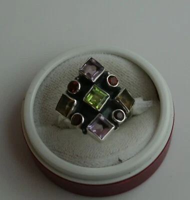 Sterling Silber Ring mit Edelsteinen multistone Größe 59 Citrin Granat Peridot - Bild 1 von 4