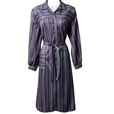 Vintage 70s Belted Shirt Dress 18 XL XXL Rainbow Stripe POCKET Disco Secretary - Image 1 of 4
