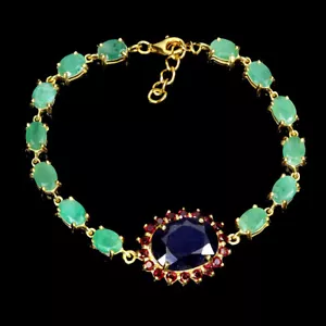 Sommer 925 Silber Armband Oval Blauer Saphir Smaragd Edelstein Schmuck 7.5 Inc - Bild 1 von 13