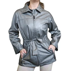 90er S/M Zinn Silber Trench Regenjacke Gürtel Reißverschlusstasche Kunstleder Optik - Bild 1 von 10