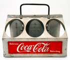 MID-20TH C VINT COCA-COLA TIN 6 COKE BOTTLE CARRIER W/WIRE HANDLE/ENAMEL PLAQUES