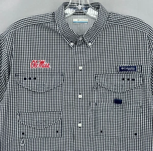 Ole Miss Rebels Shirt Mens M Columbia PFG Fishing Super Bonehead Black Gingham - Picture 1 of 11