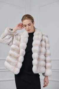 Women's Chinchilla Real Rex Rabbit Fur Coat Winter Warm Jacket Overcoat Beige US - Picture 1 of 5