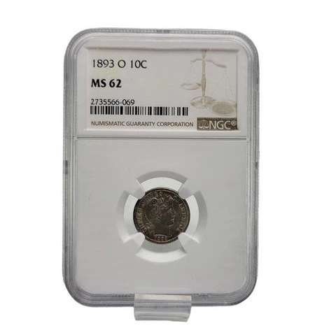 1893-O Silver Barber Dime US Coin - Graded NGC MS62 Cover