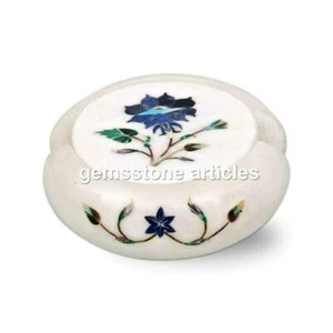 White Marble Coaster Set Lapis Lazuli Malachit Inlaid Good Luck Gift - Picture 1 of 2