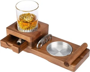 Cigar Ashtray Coaster Whiskey Glass Tray & Wooden Ash Tray with Cigar Cutter - Picture 1 of 6