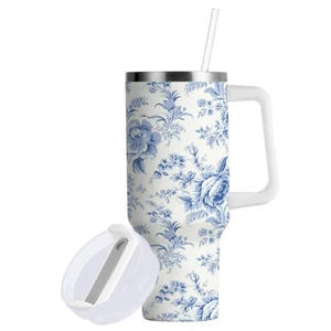 Vintage Französische Blumen Thermo Becher Blau Muster Wiederverwendbar Edelstahl... - Bild 1 von 7