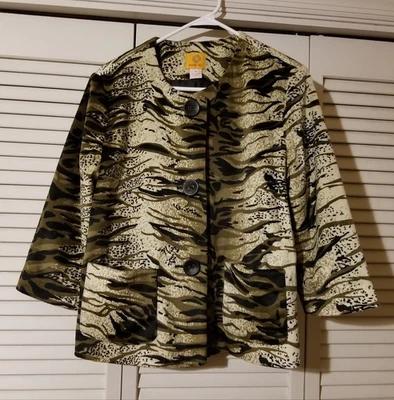 Ruby Rd Size 12 Velour Jacket Tan Black Animal Print Lined Polyester 3/4 Sleeve  - Image 1 of 4
