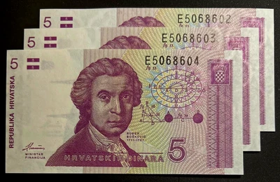 CROATiA - Lote de 3 billetes 5 Hrvatskih Dinara 1991 números de serie consecutivos *UNC Foto 1 de 3