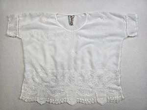 Johnny Was White Embroidered Short Sleeve Blouse Large Boho Crochet Peasant - Picture 1 of 4