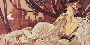 The girl at sunset A. Mucha Tile Mural Bathroom Wall Backsplash Marble Ceramic - Picture 1 of 21