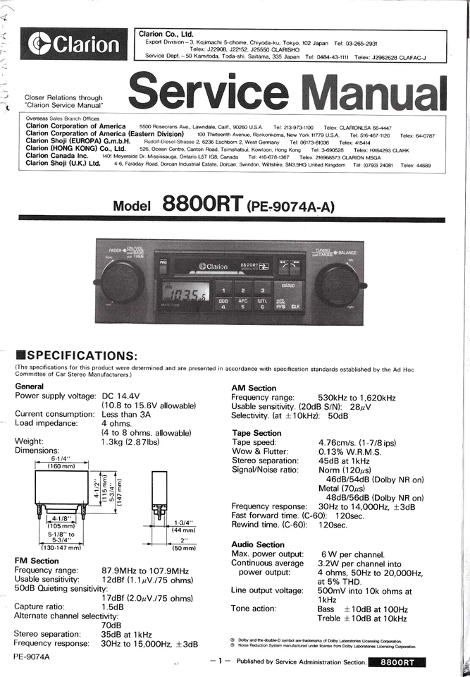 CLARION MODELO 8800RT (PE-9074A-A) MANUAL DE SERVICIO ORIGINAL Foto 1 de 1