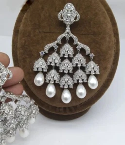 42.65CT Simulated White Sapphire & Pearl Stylish Chandelier Engagement Earrings - Picture 1 of 6