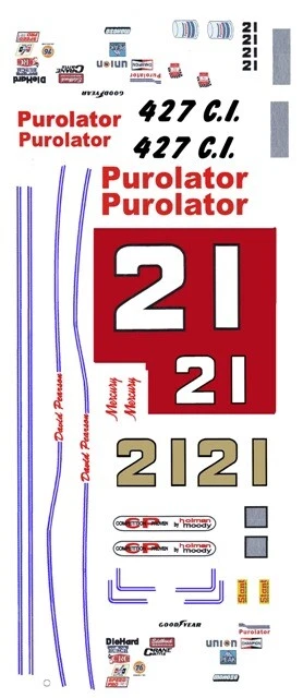 #21 Wood Brothers Purolator 1968-73 1/64th HO Scale Slot Car Decals - Image 1 of 1